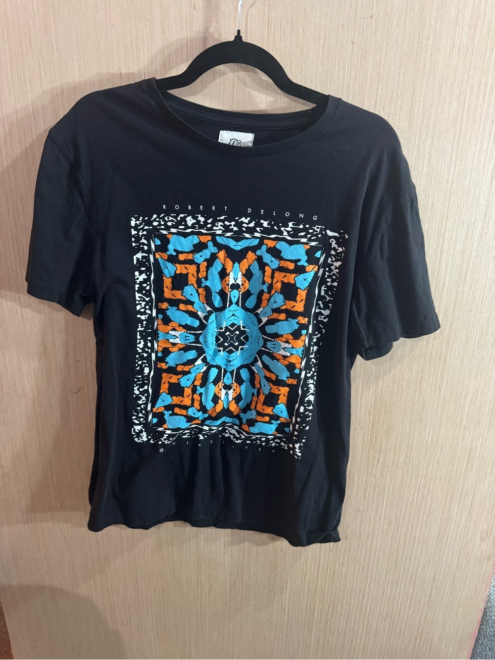 Quiksilver X Robert Delong Black Tee with Blue & Orange Graphic Size Medium